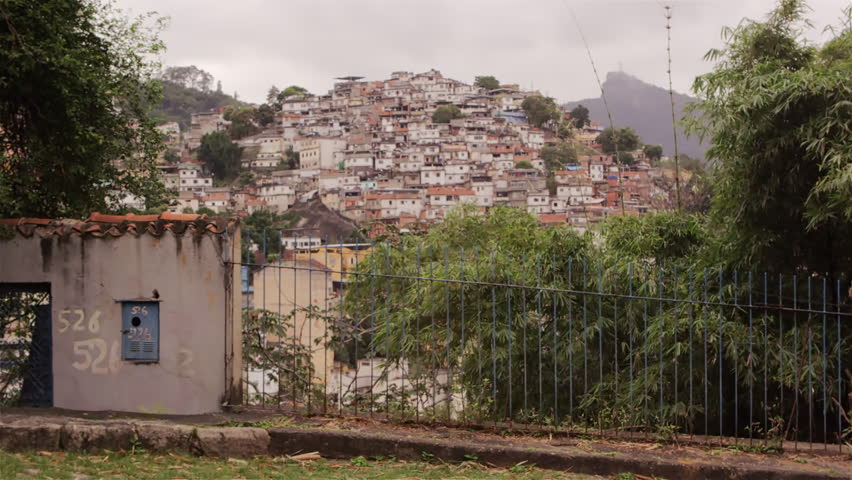 Slight tracking from left to right of favela in the heart of Brazil