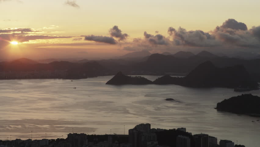 Panning shot of Rio de Janeiro, Brazil during sunset