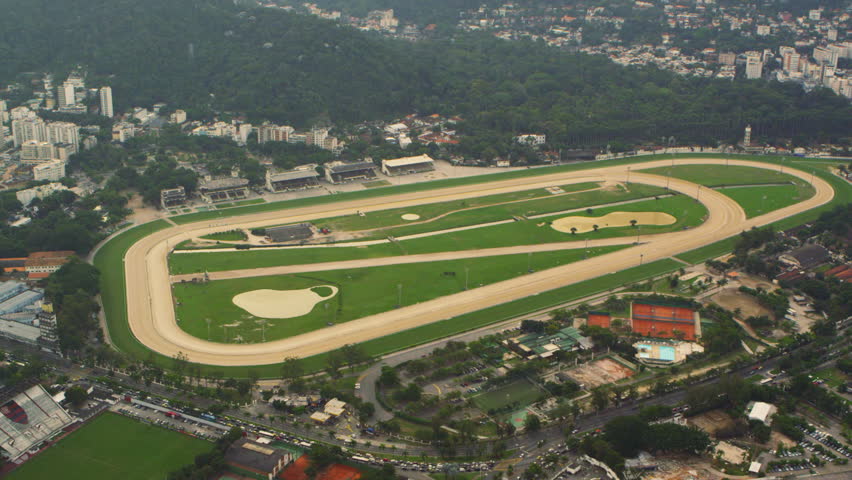 Aerial tracking shot of Jockey Club brazileiro in Rio de Janeiro, Brazil