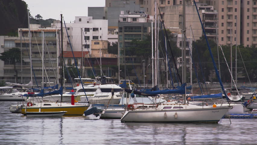 Static shot of moored boats at a marina in Rio de Janeiro, Brazil