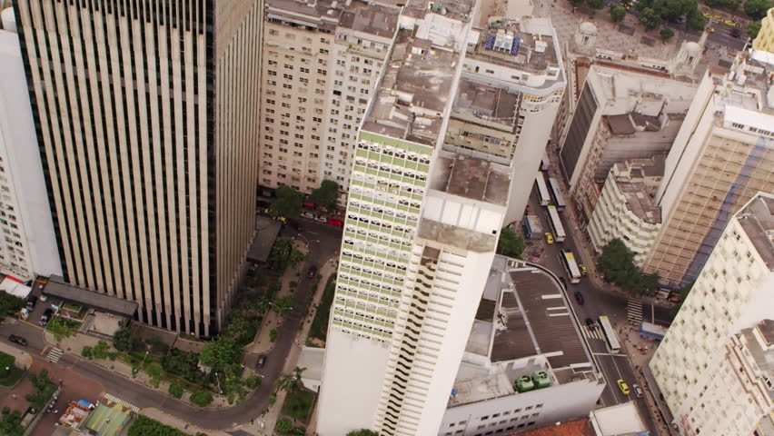 An helicopter aerial view of Rio de Janeiro's downtown buildings.