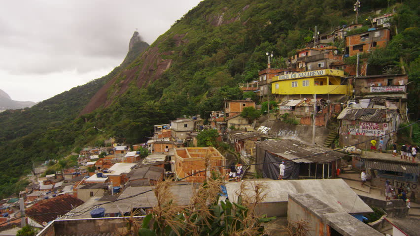 RIO DE JANEIRO, BRAZIL - JUNE 23: Slow pan over a favela community in Rio de