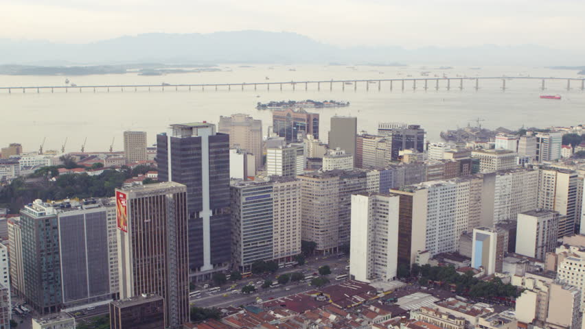 Aerial view of downtown Rio de Janeiro, Rio Niteroi Bridge and Guanabara Bay.