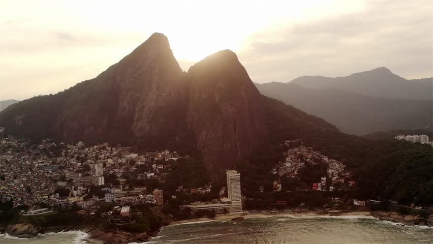 Lens flare aerial shot of Brazilian coastline in Rio de Janeiro