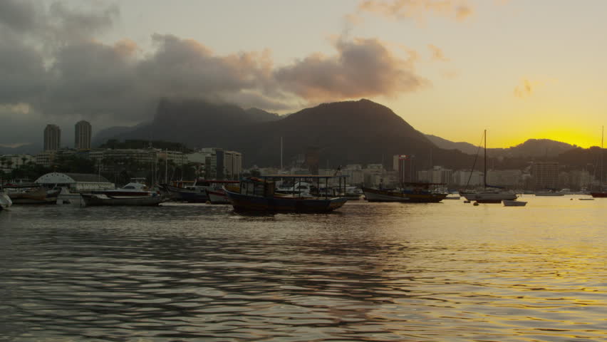 Static shot of Guanabara Bay at Rio at dusk.