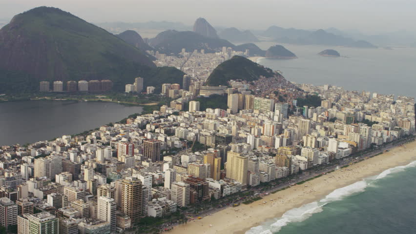 Aerial footage of lagoon and shoreline in Rio.