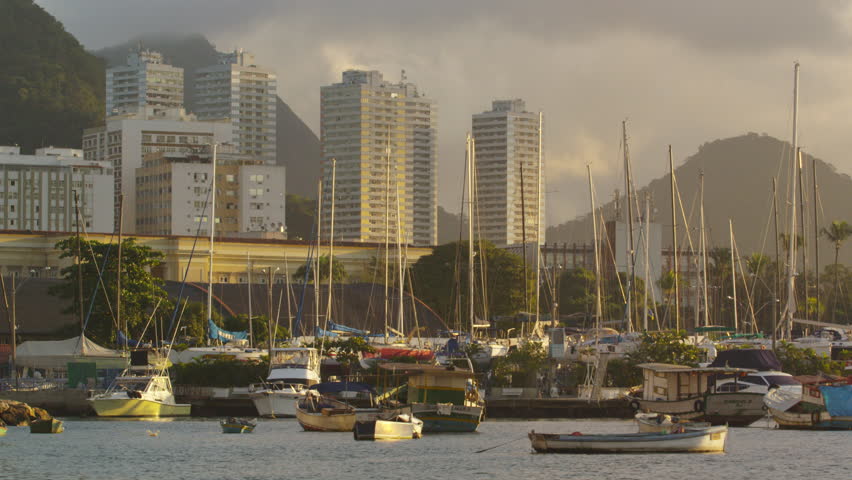 A static shot of boats docked at Marina da Gloria in Rio de Janeiro at evening,