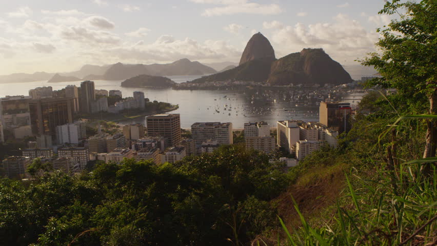 Tracking shot of Rio de Janeiro's Mountains and Guanabara Bay -shaky
