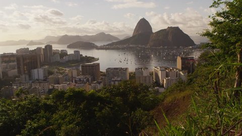 Tracking shot of Rio de Janeiro's Mountains and Guanabara Bay -shaky interference. Adlı Stok Video