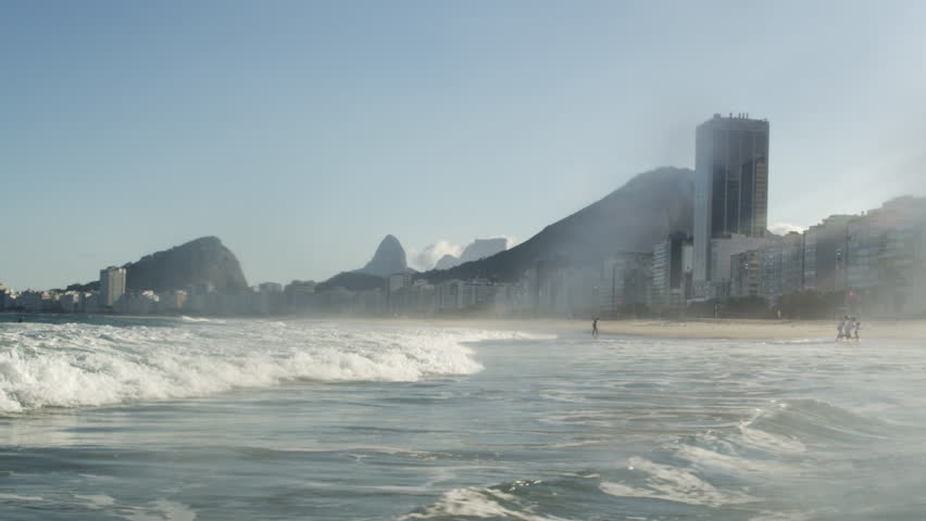 The waves of the Atlantic Ocean crashing into a beach in Rio de Janeiro.