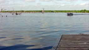 Video of small fishing boat approaching dock. Man and woman senior citizen onboard. Texas.