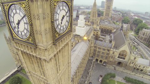 Aerial View, London. Camera flying high above the Houses of Parliament. Big Ben in front view.