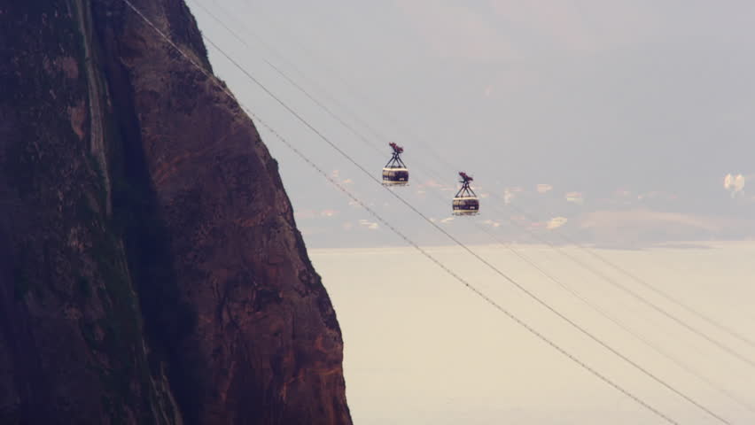 Static shot of cable cars going in opposite directions on Sugarloaf mountain in