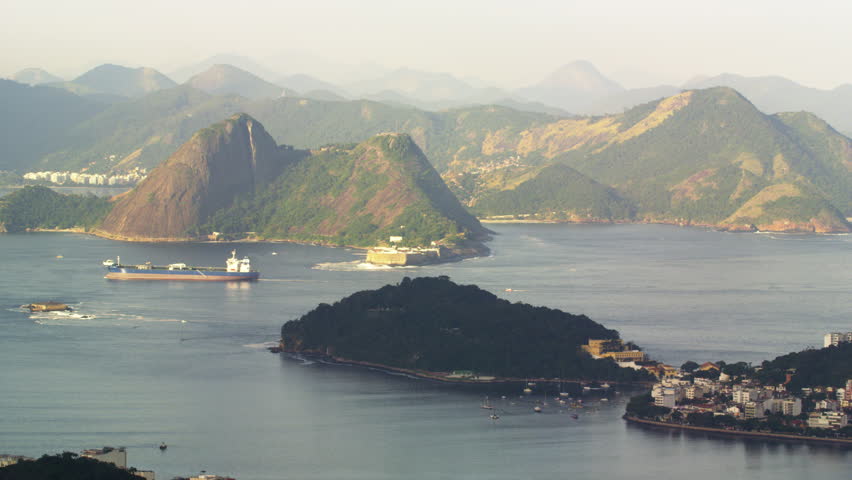 Pan of Guanabara Bay and barge