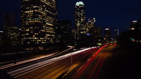 4k Long Exposure Time Lapse of Night Traffic at Downtown Freeway 