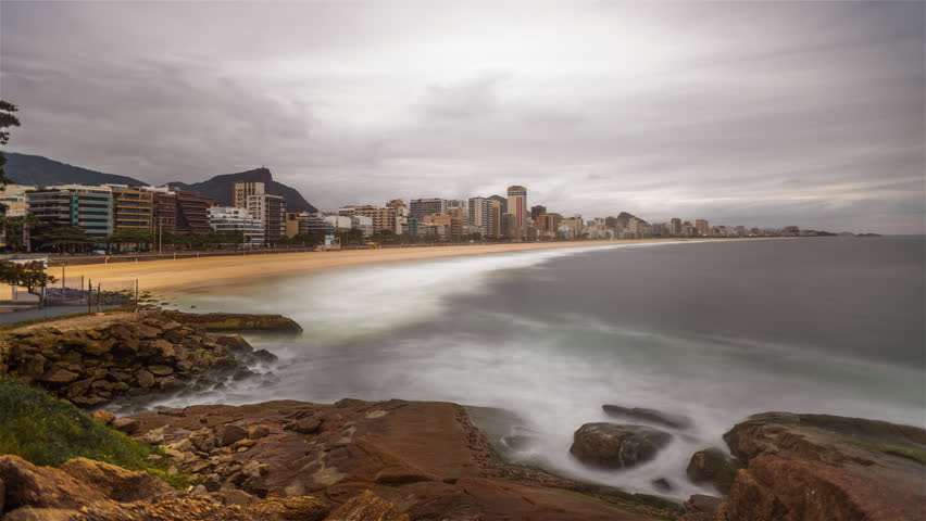 Morning time-lapse of the Impanema Beach from a rock outcropping.
