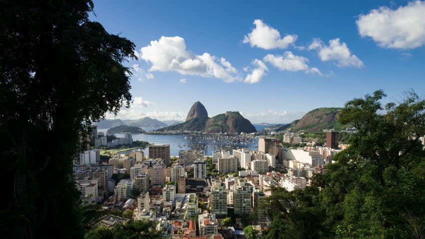 Time-lapse between trees overlooking Rio of Sugarloaf Mountain.