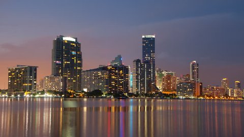 Miami skyline during sunset in 4K seen from across Biscayne Bay
