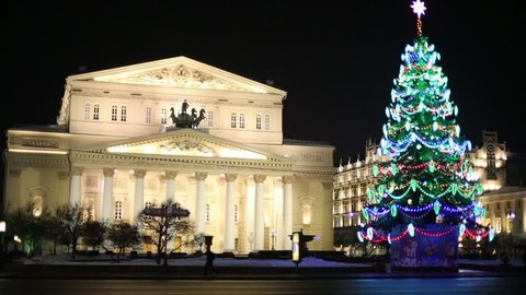 MOSCOW, RUSSIA - JAN 2, 2013: Beautiful building of Bolshoi Theatre and Christmas tree illuminated in night.