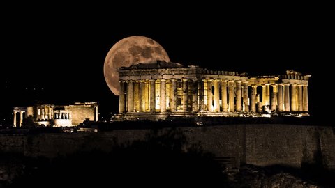 Moon Rises Behind Parthenon, Acropolis of Athens, Greece - 4k Ultra High Definition Video Timelapse at 4096X2304