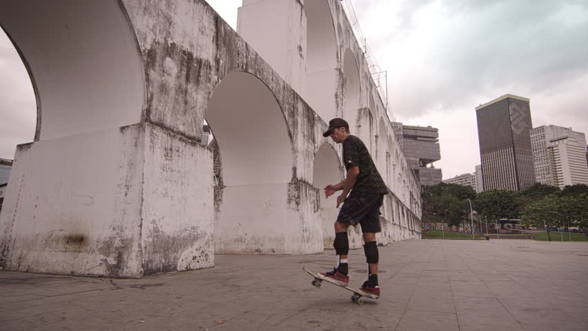 RIO DE JANEIRO, BRAZIL - JUNE 23: Slow dolly shot, spinning on skateboard on Jun