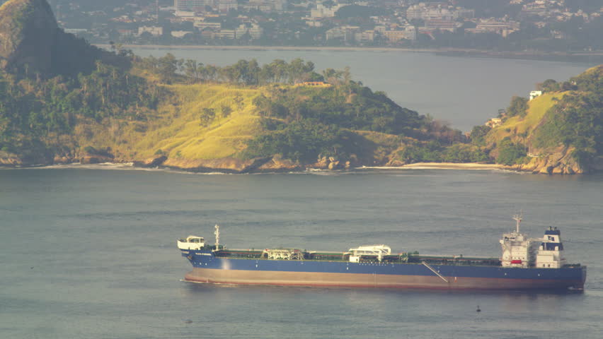 RIO DE JANEIRO, BRAZIL - JUNE: Barge moving across Guanabara Bay