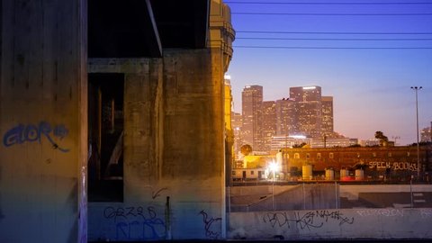 4K. Los Angeles city downtown skyline at night. Motion timelapse (hyperlapse).
