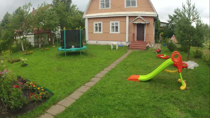 Family activities on Country House Yard. Time Lapse.