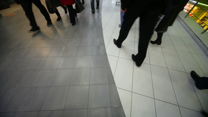 buyers going in mall, view on floor, wide angle 