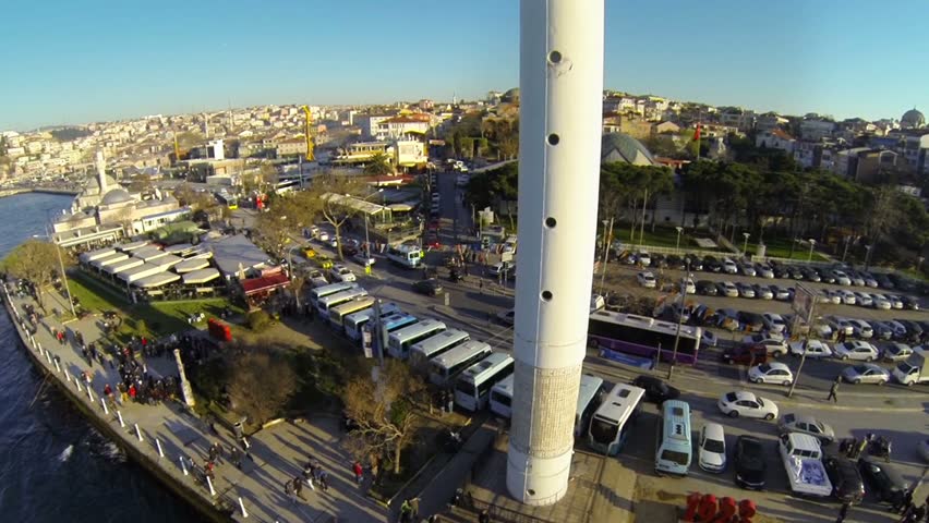 Vessel traffic radar tower and Uskudar district in Istanbul City. Radar control system intended to improve navigation safety along Bosphorus straits. Headquarters aided by 13 unmanned radar stations.