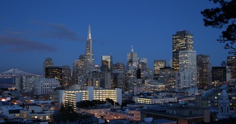Illuminated Dusk San Francisco Skyline Transamerica Pyramid Skyscrapers Night ( Ultra High Definition, Ultra HD, UHD, 4K, 2160P, 4096x2160 )