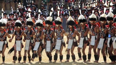 INDIA - DECEMBER 2012: Chang tribesmen wearing traditional dress Hornbill dancing festival, Nagaland, North East India