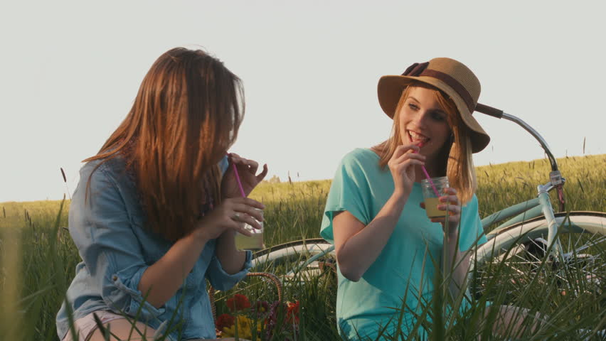 2 Young Women Chat And Cheers At A Picnic In A Field