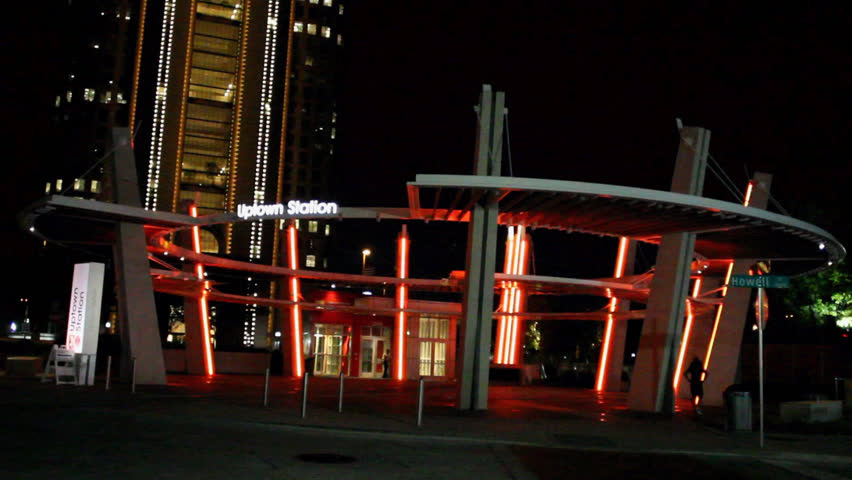 Uptown Dallas Station at night: Arriving trolley car