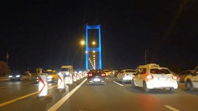 Fast forward video from a car driving across the Bosphorus Bridge in Istanbul Turkey. Going from the Asian side to the European side. Four times fast forwarded.