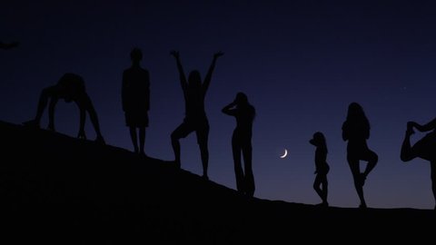 Panning medium shot of people silhouetted on hill against night sky / Lake Powell, Utah, United States