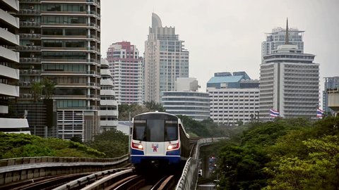 Thailand, Bangkok, February 2014.  Cityscape with sky train.The Bangkok Mass Transit System, commonly known as the BTS or the Skytrain, is an elevated rapid transit system in Bangkok, Thailand.