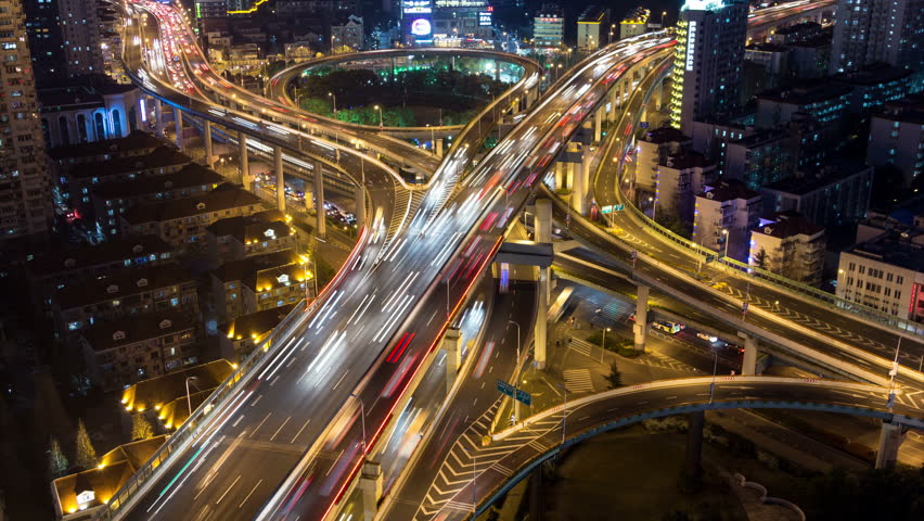 Aerial View of freeway busy city rush hour heavy traffic jam highway,shanghai Yan'an East Road Overpass interchange,time lapse.  | Shutterstock HD Video #6193832