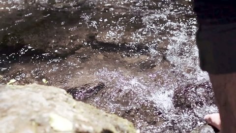 man walks barefoot in the stream - water - stream - river - creek
