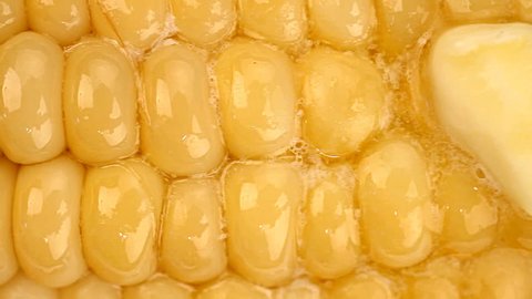 Butter melts, coats kernels of sweet, delicious corn on the cob, close up, motorized slider. 1080p Stockvideo