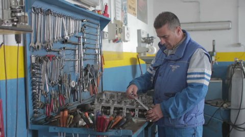 Auto mechanic repairing a car engine - dolly
