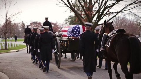 Military funeral of marching soldiers with horse drawn hearse in slow motion - 3 clips 
