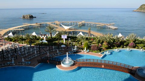 The swimming pool near beach at the luxury hotel, Antalya, Turkey