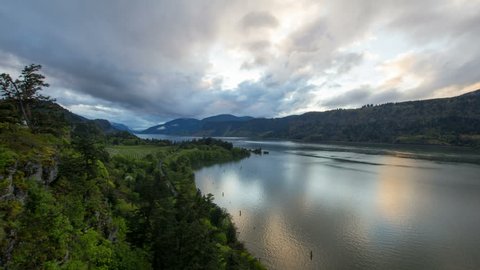 Columbia River Gorge at Hood River Oregon Scenic View During Sunset with Fast Moving Stormy Clouds Time Lapse 1920x1080