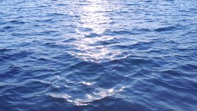 Blue waves in deep sea with sunlight shining on surface of ocean water. HD video footage