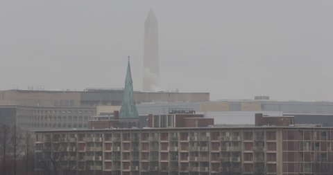 Aerial View of Monument Memorial, Snow Storm in Washington DC, Federal Buildings ( Ultra High Definition, Ultra HD, UHD, 4K, 2160P, 4096x2160 )