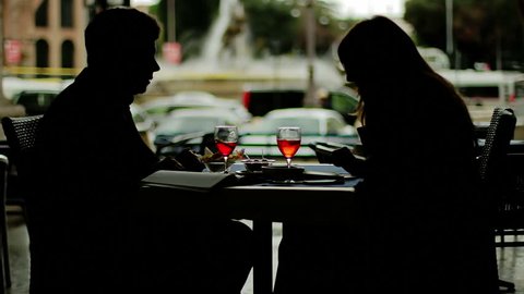 Silhouette - Happy business partners clinking red drink in a bar