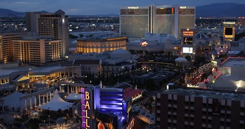 LAS VEGAS, USA - MARCH 29, 2013 Las Vegas Strip Rush Hour Caesars Palace Casino Hotel Aerial View Skyline Night ( Ultra High Definition, Ultra HD, UHD, 4K, 2160P, 4096x2160 )
