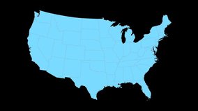 Iowa animated map video, starts with light blue USA National map with state border lines, a yellow Iowa map zooms out to fill center of screen, Black background.