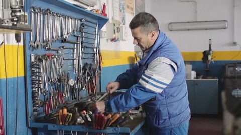 Auto mechanic repairing a motor in his mechanical workshop